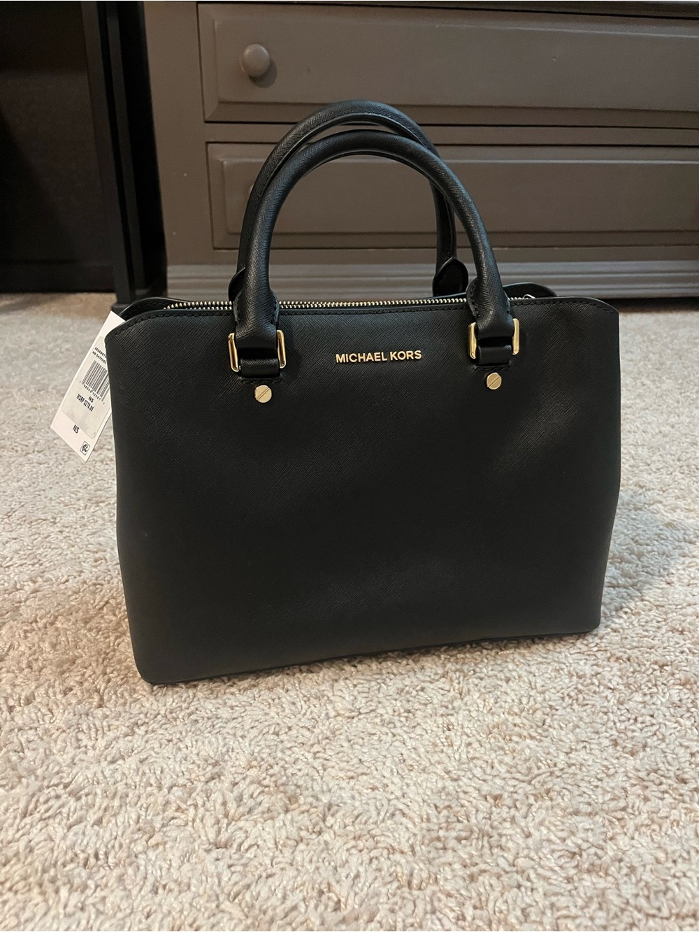 Michael Kors Black Structured Saffiano Satchel with Gold Hardware